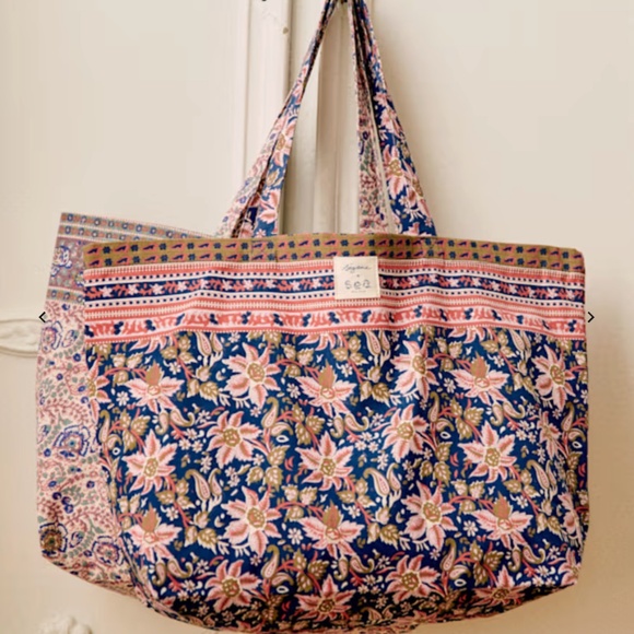 new Sézane x Sea New York cotton tote pink beige paisley print limited edition - Picture 2 of 6